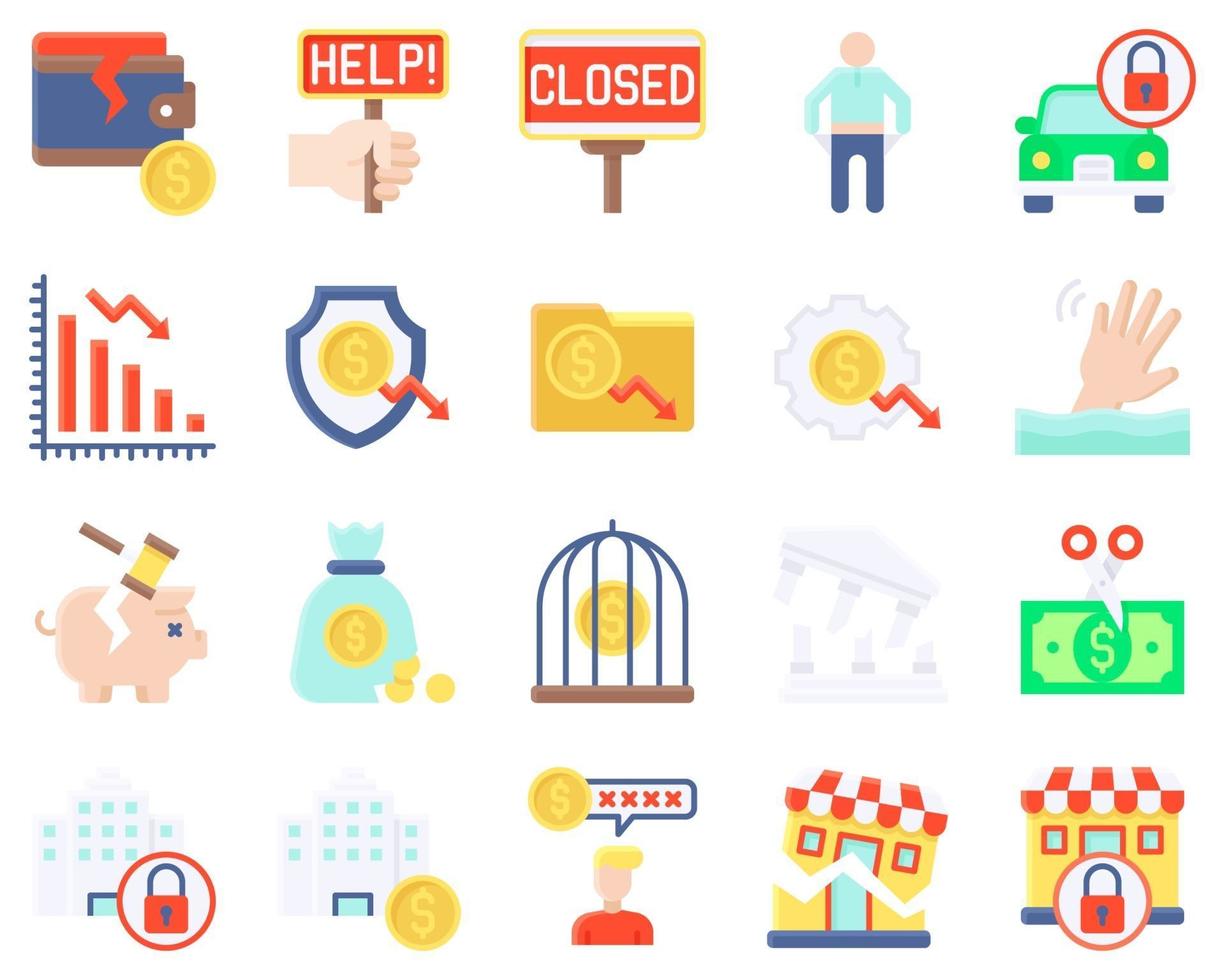 Bankruptcy related vector icon set flat style