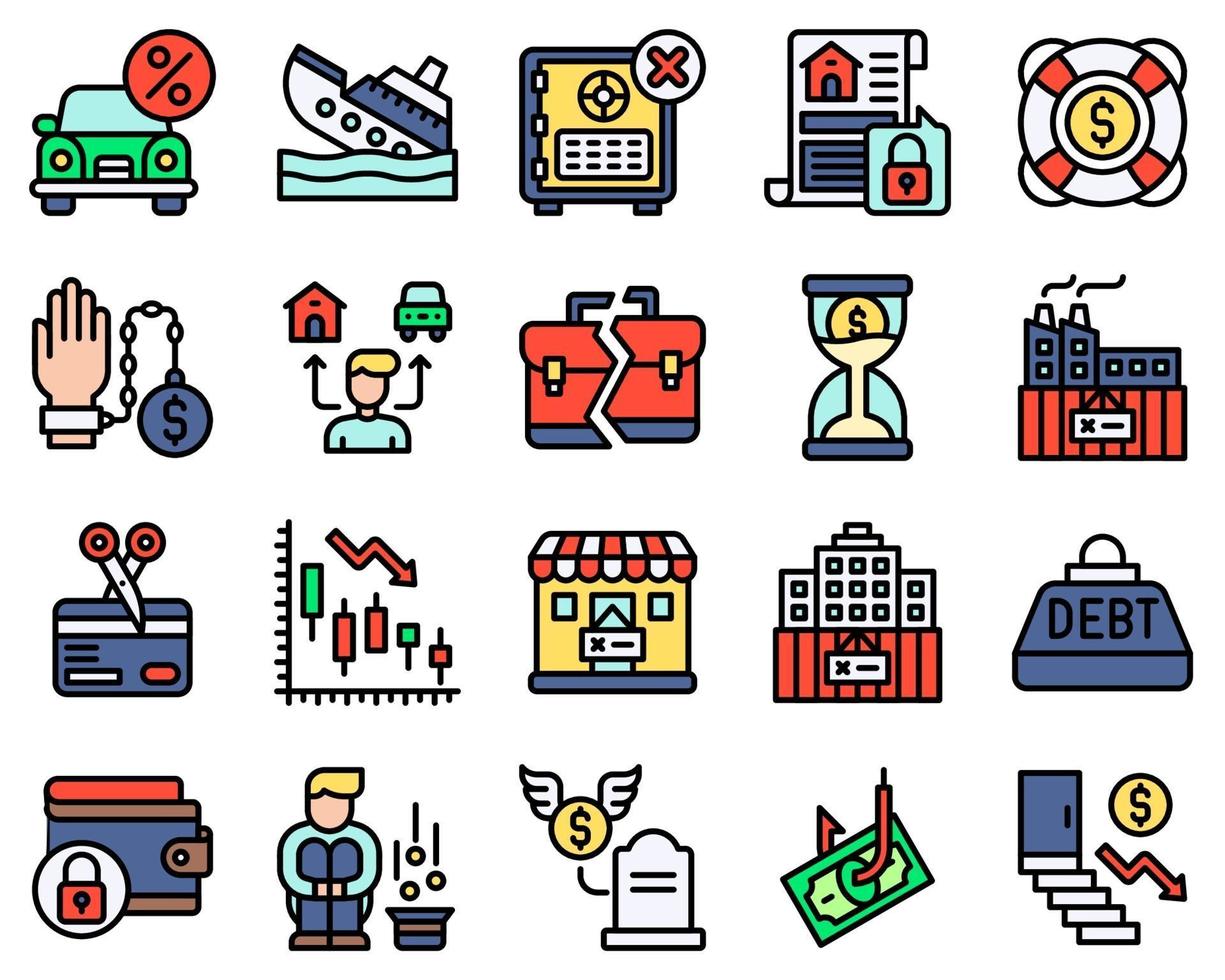 Bankruptcy related vector icon set filled style