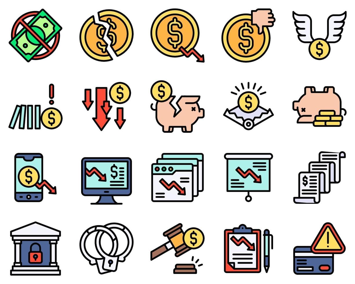 Bankruptcy related vector icon set filled style