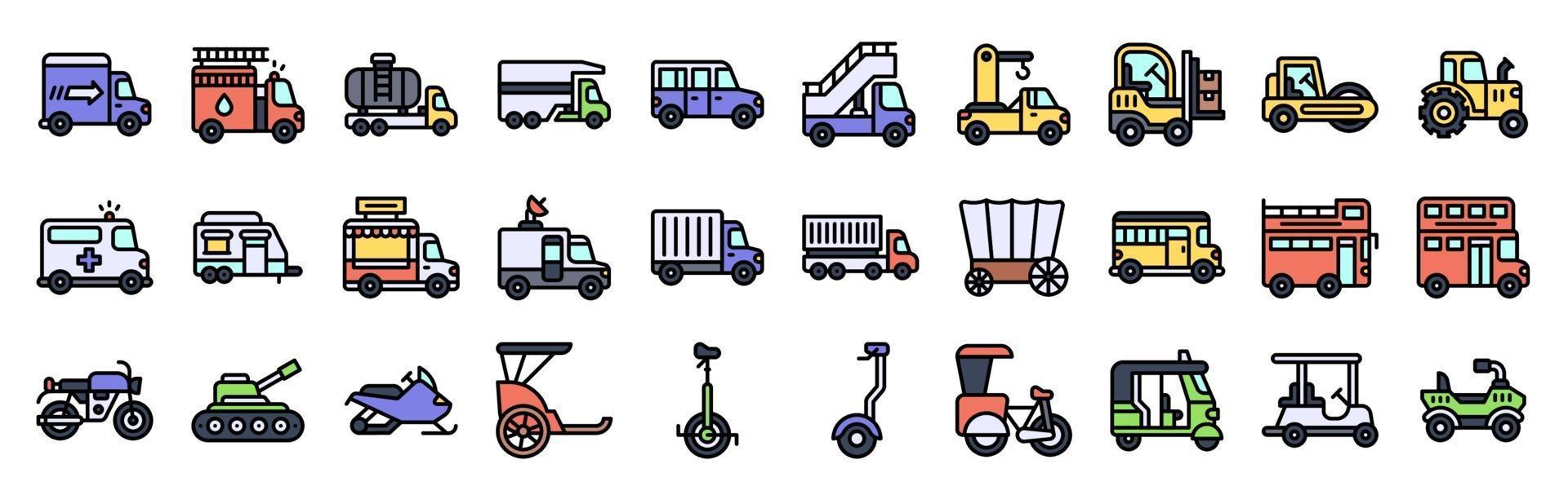 Transportation related vector icon set filled style