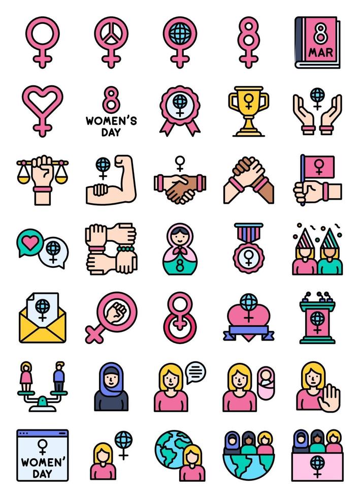 International Women's Day related filled icon set vector