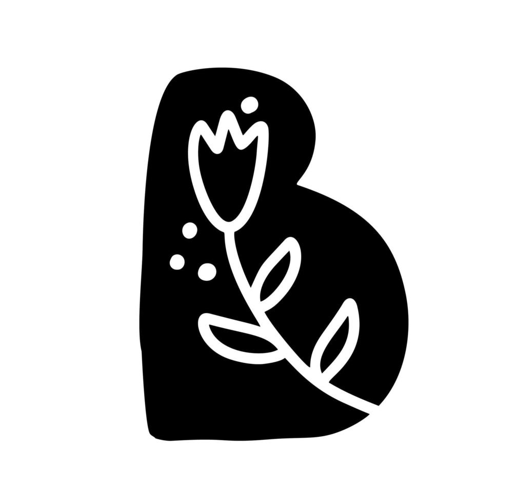 Primavera floral del logotipo de la letra b negrita vintage. vector de diseño de letra de verano clásico b con color negro y flores dibujadas a mano con patrón monoline.