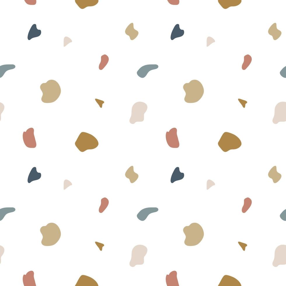 Terrazzo flooring seamless pattern. Vector mosaic texture of natural stone fragments, marble, granite, limestone, quartz, glass and concrete. Terazzo background in pink, white, gray and green colors.