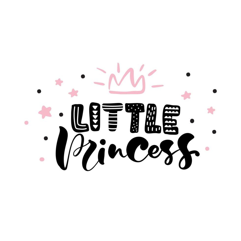 Vector illustration of Little Princess text with crown for girls clothes. Inspirational quote, banner. Feminine baby calligraphy. Lettering typography, poster. Royal badge, card, postcard, tag, icon.