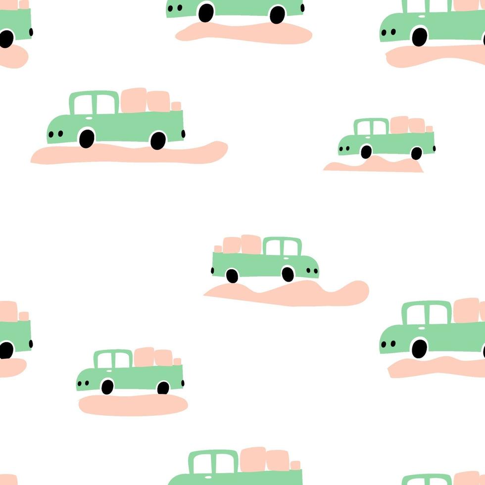 Vector pastel color doodle scandinavian cars. Seamless baby boy pattern. Texture for wallpaper, fills, web page background.