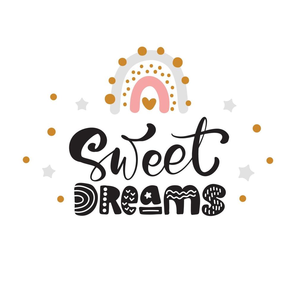 arco iris con texto de letras de caligrafía dulces sueños e ilustración arco iris con estrella para contenido de redes sociales o tarjeta de felicitación para niños. lindo bebé escandinavo estilo vector dibujado a mano diseño.