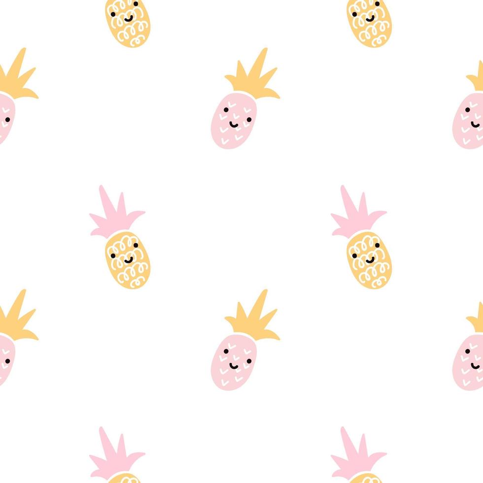 Summer pastel face pineapple seamless design. Pattern for bed linen and apparel. Nordic ananas yellow and pink fun pattern. Cute baby style textile fabric cartoon ornament. vector