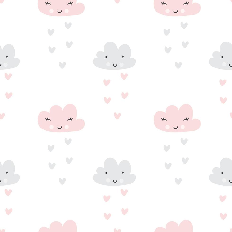 Scandinavian kid Seamless pattern. Face Clouds and rain hearts texture. Minimalistic baby background. White, blue, pink nordic colors. Cute baby style textile fabric cartoon ornament. vector