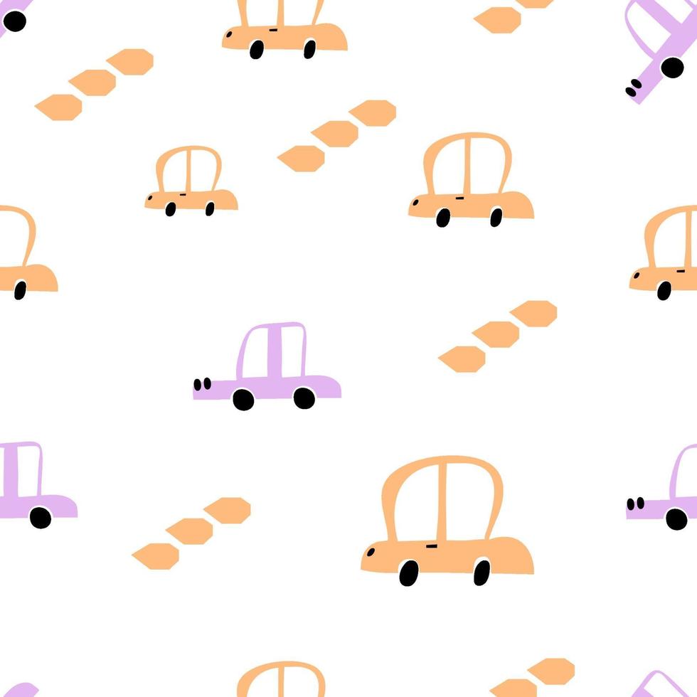 Vector pastel color doodle scandinavian cars. Seamless baby boy pattern. Texture for wallpaper, fills, web page background.