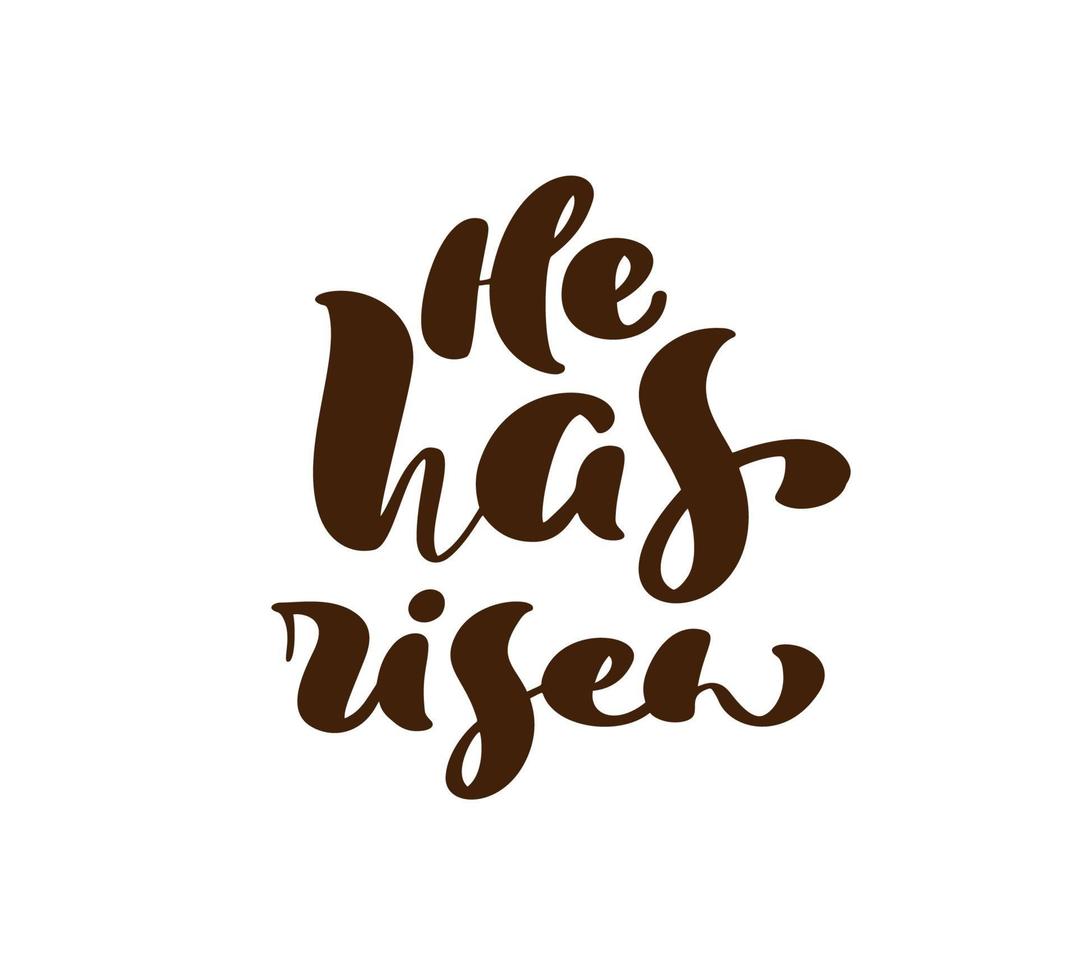Hand drawn He has Risen Easter text. Calligraphy lettering Vector Jesus illustration lettering Greeting Card. Typographical phrase Handmade quote on isolates white background.