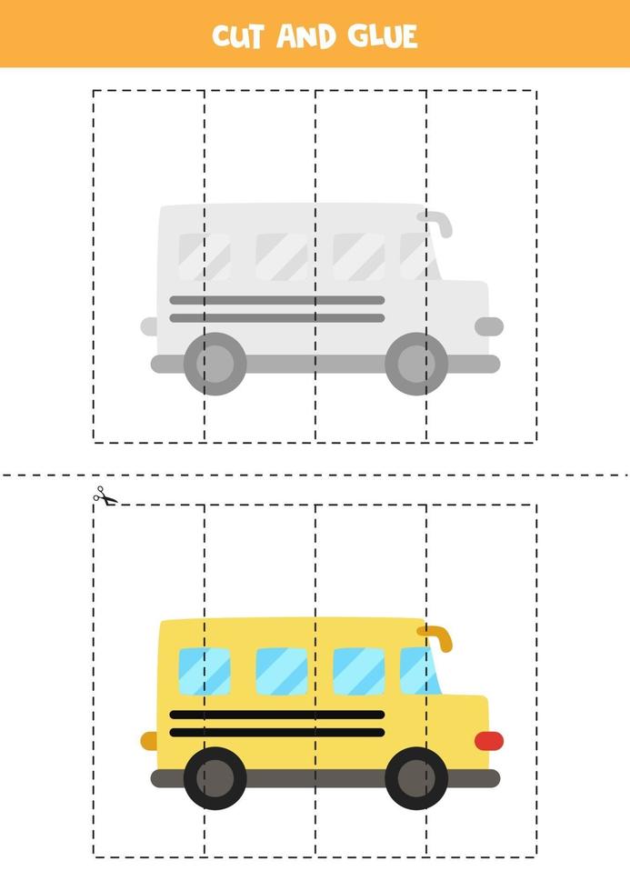 Cut and glue game for kids. Cartoon school bus. vector