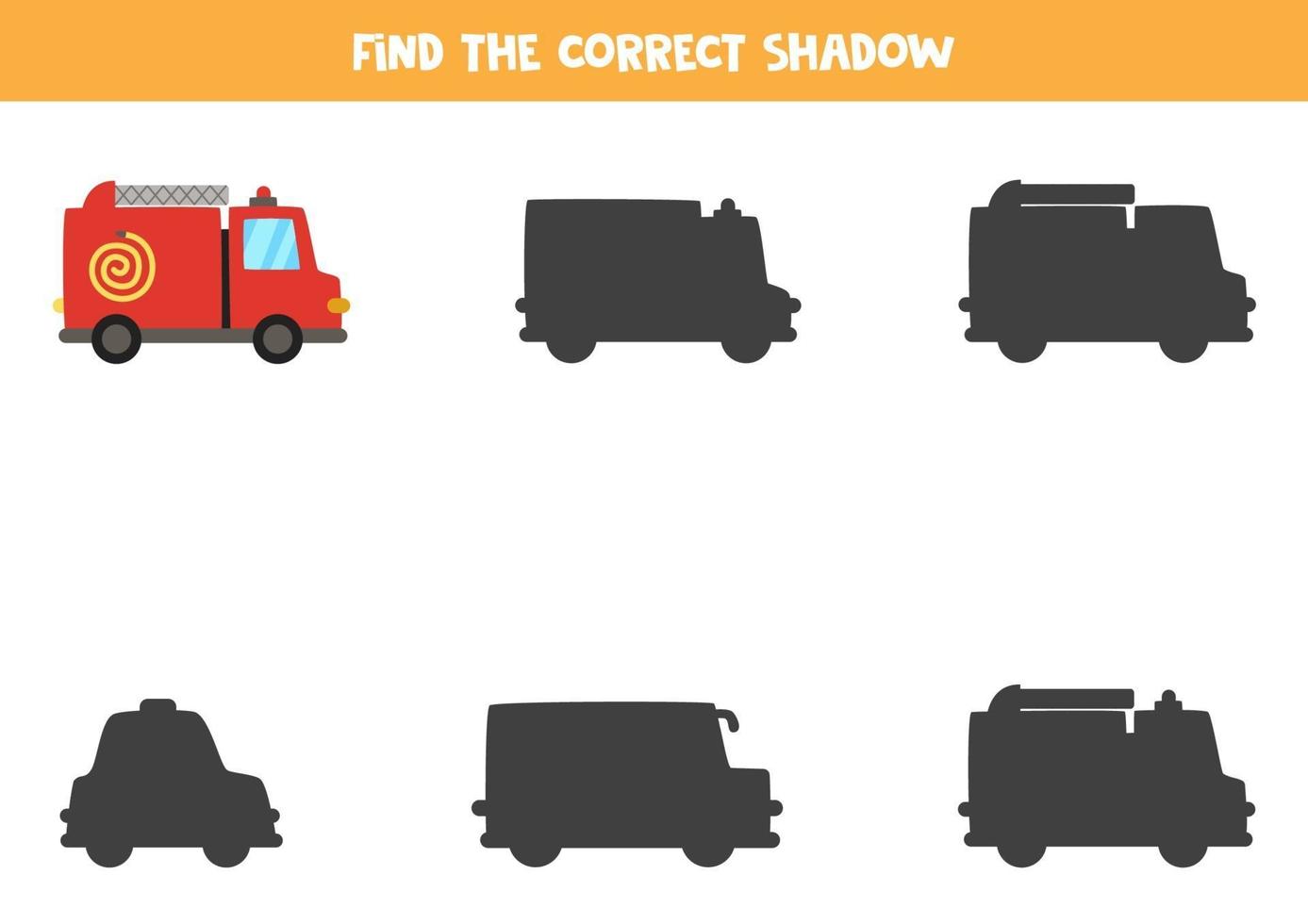 Find the correct shadow of fire truck. Logical puzzle for kids. vector