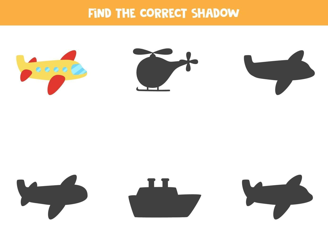 Find the correct shadow of plane. Logical puzzle for kids. vector