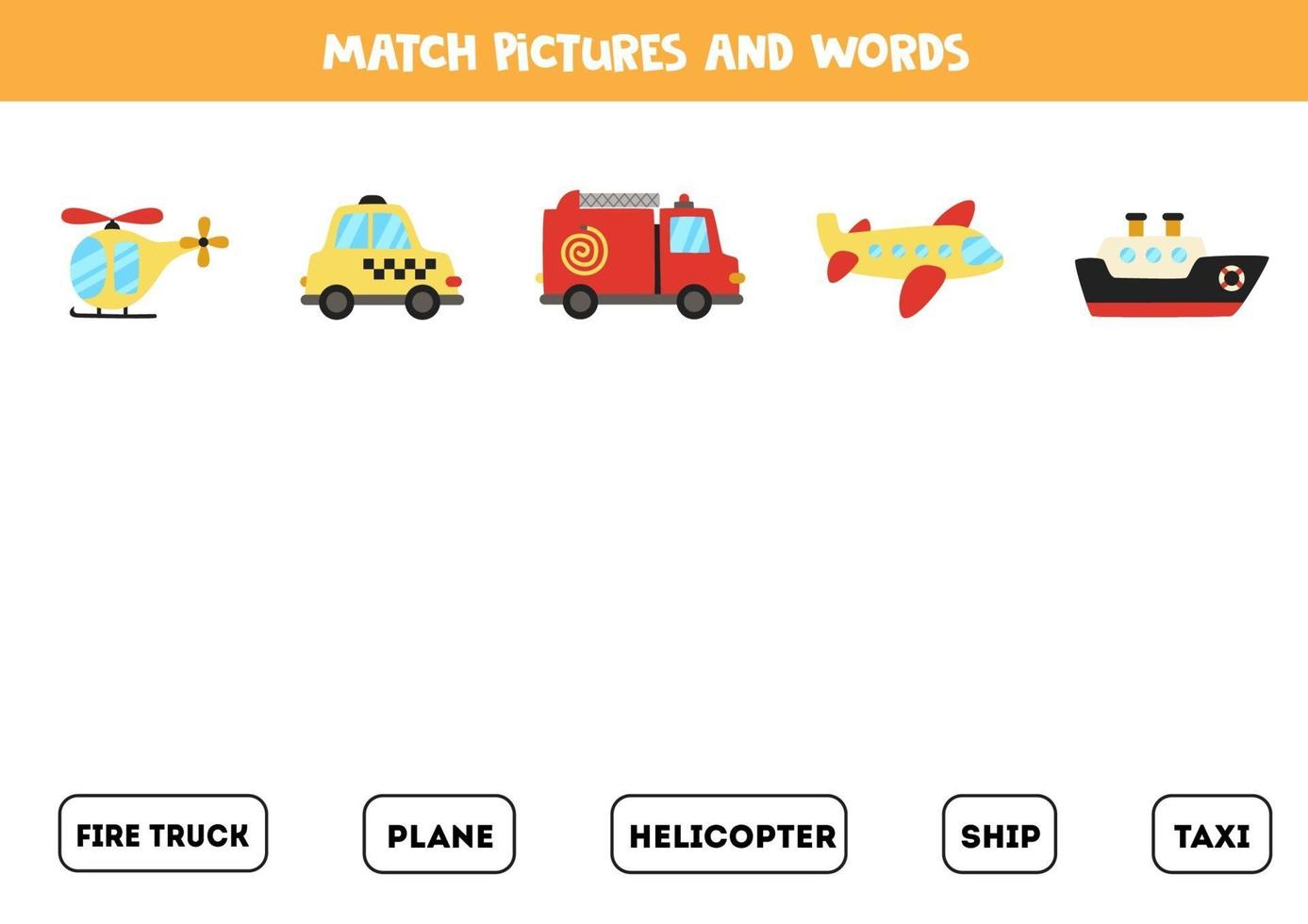 transporte coincidente y las palabras. juego educativo para niños. vector
