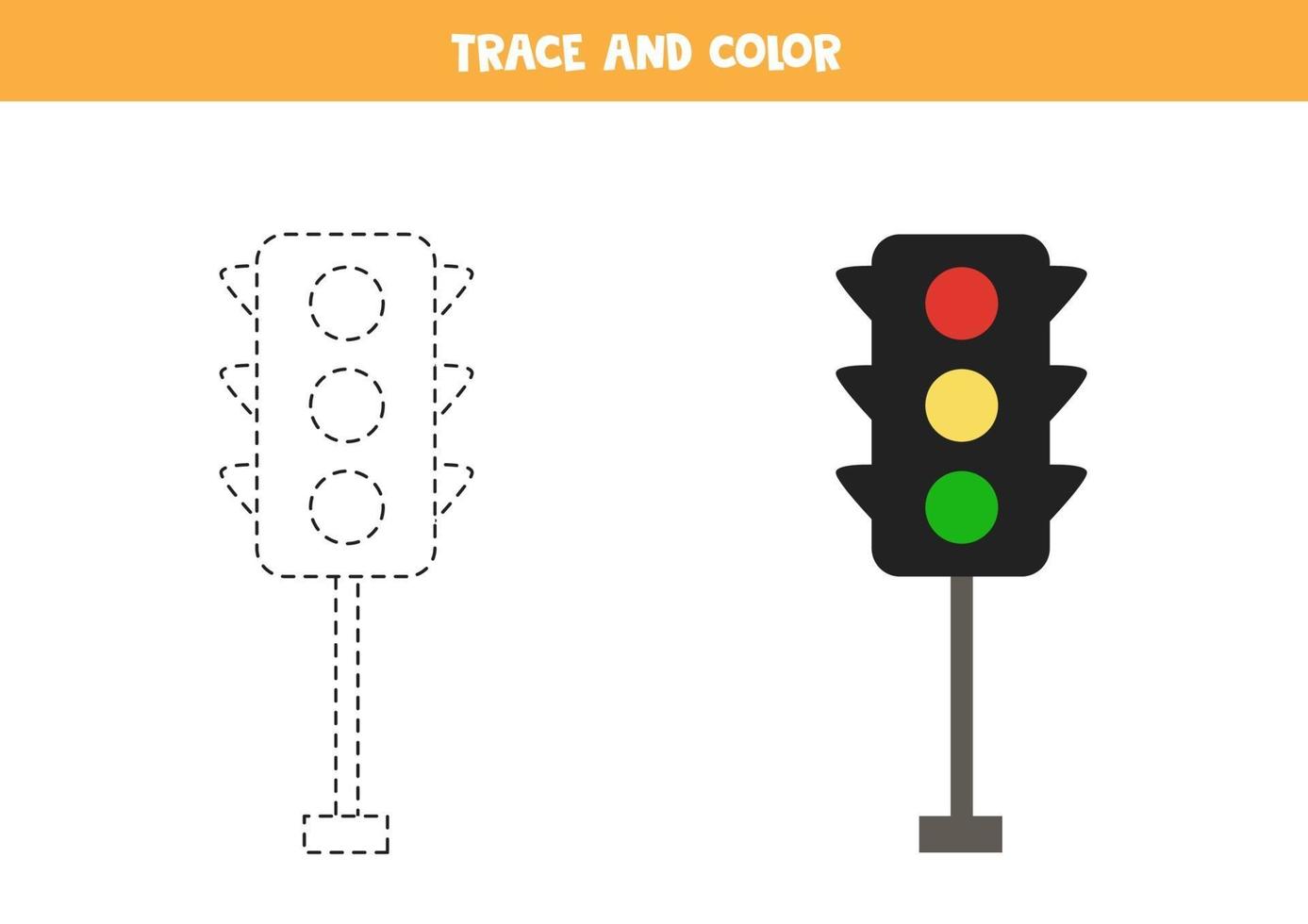 Trace and color cartoon traffic lights. Space worksheet for kids. vector