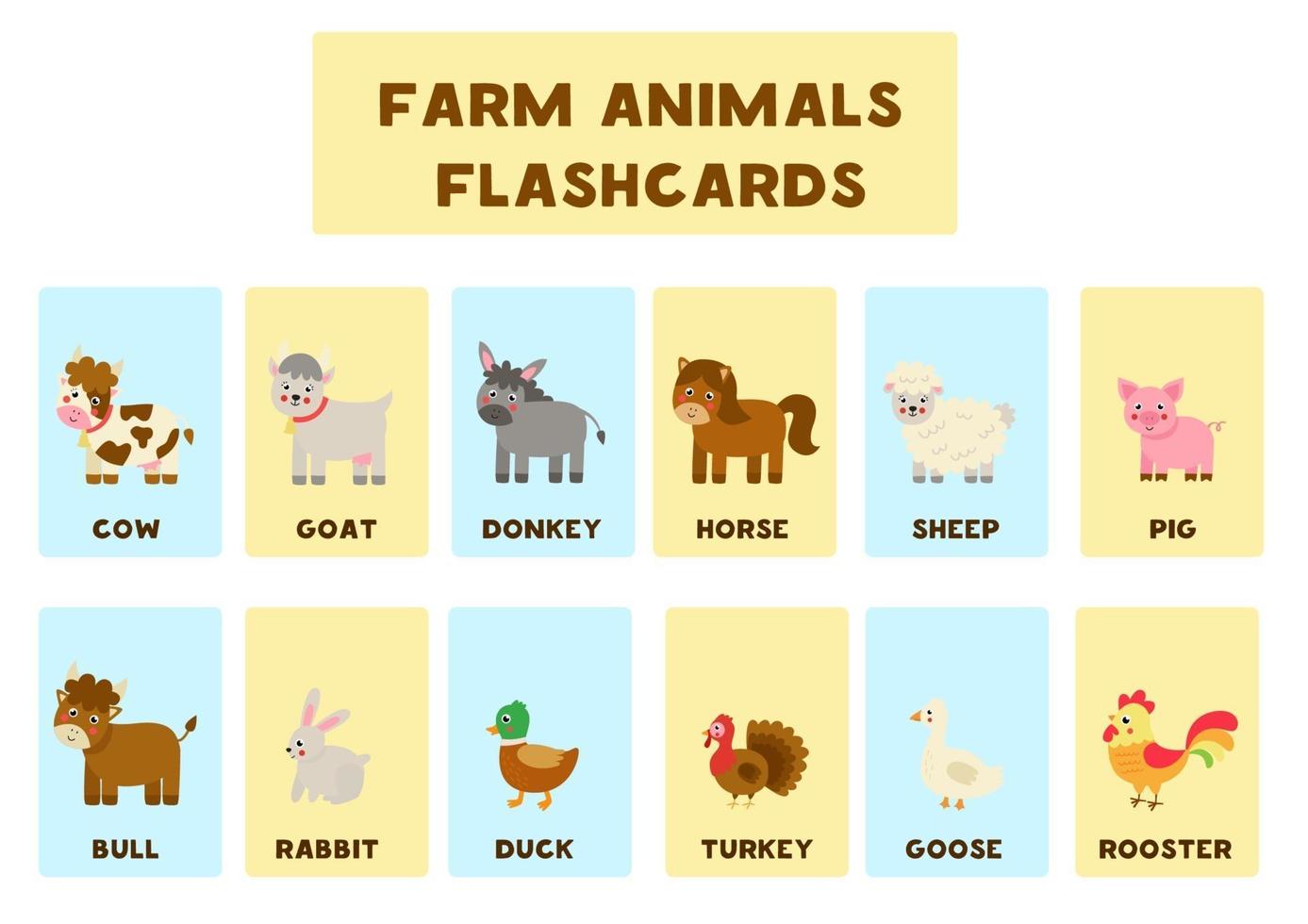 Farm animals with names. Flash cards for kids. vector