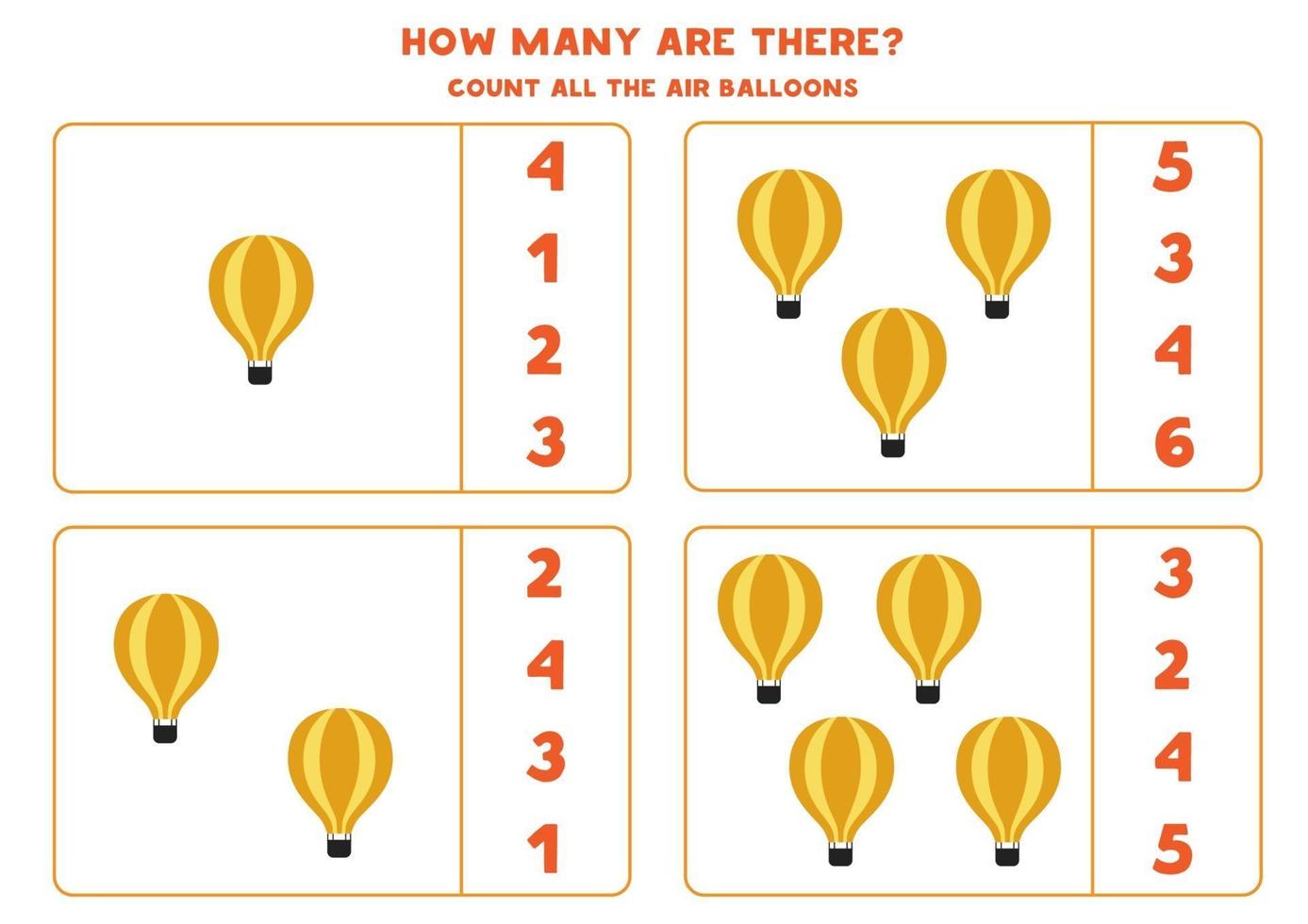 Math game. Count all air balloons. Transportation themed games. vector