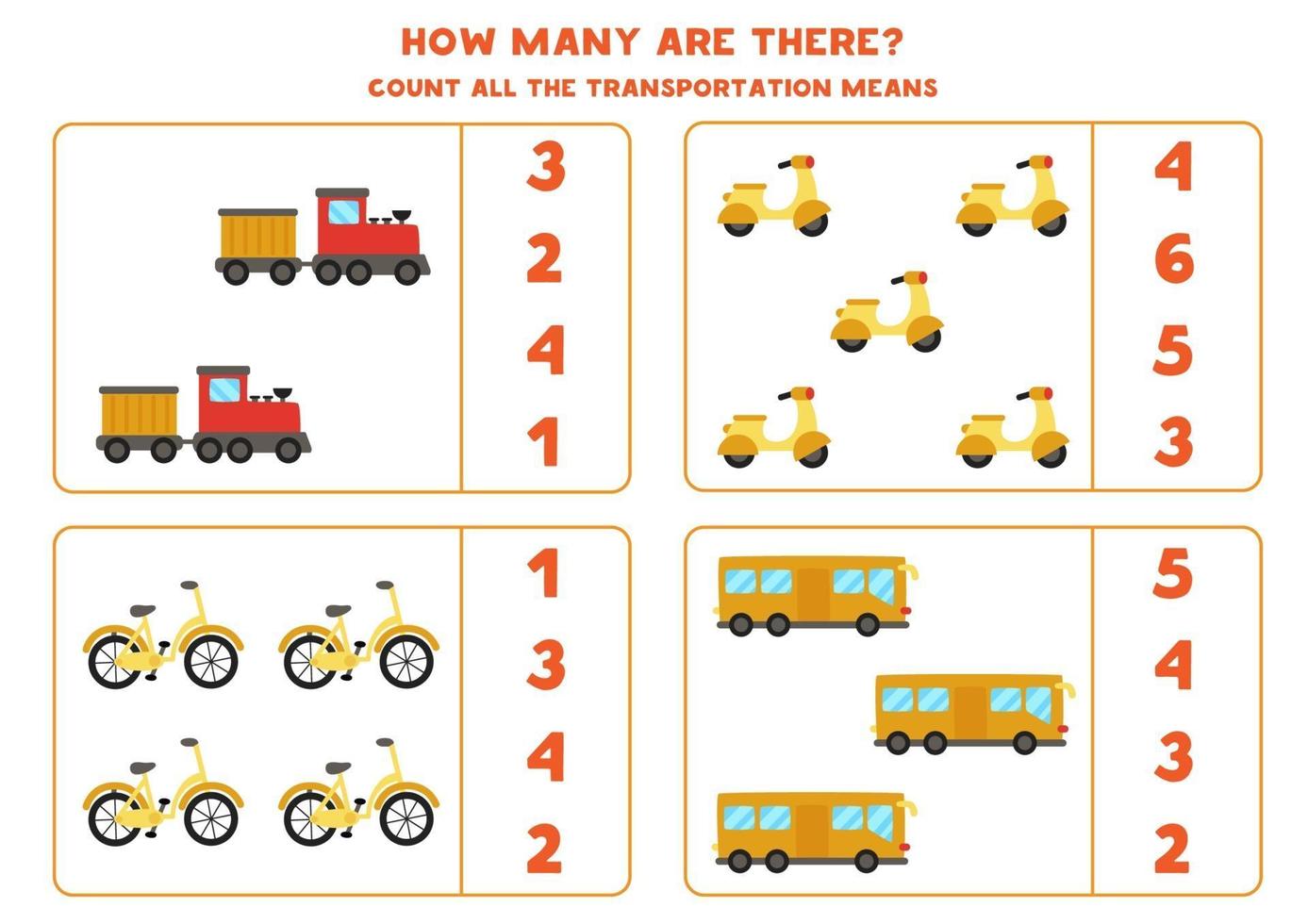 Math game. Count all transportation means. Transportation themed games. vector