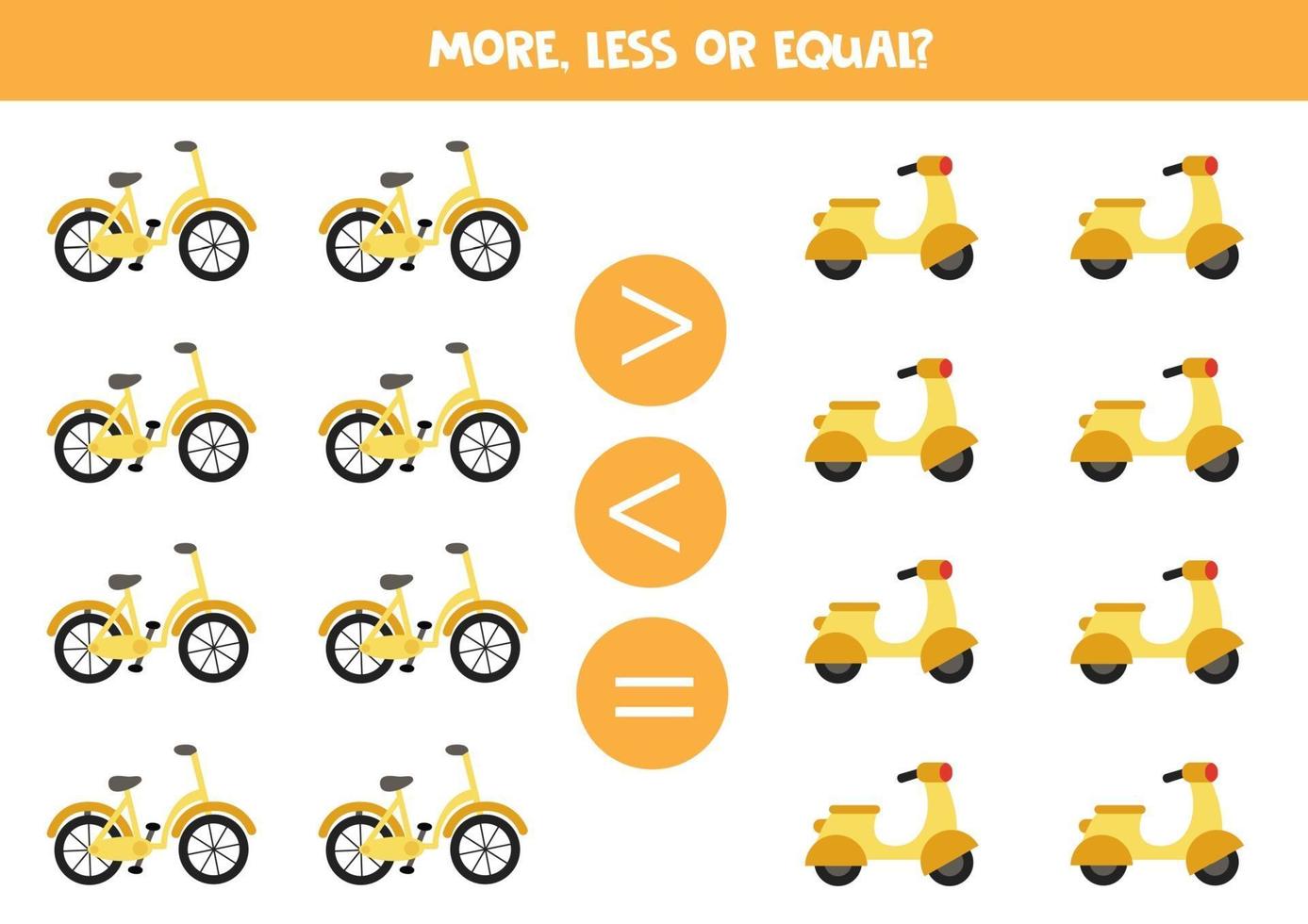 More, less, equal with cartoon bicycle and moped. Educational worksheet vector