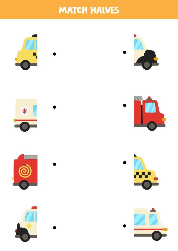 Match parts of cartoon transport. Logical game for children. vector