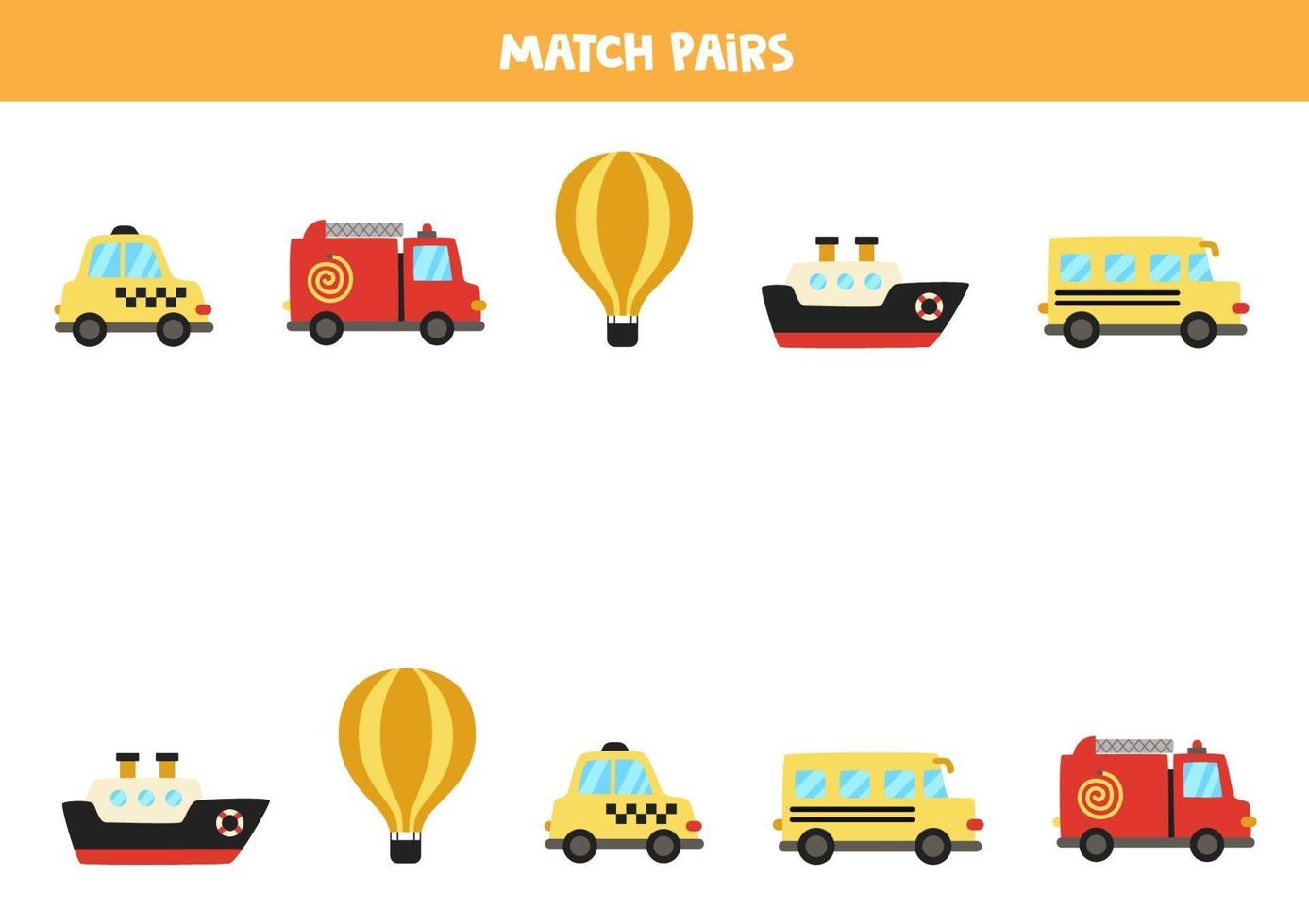 Match pairs of cartoon transport. Logical game for children. vector
