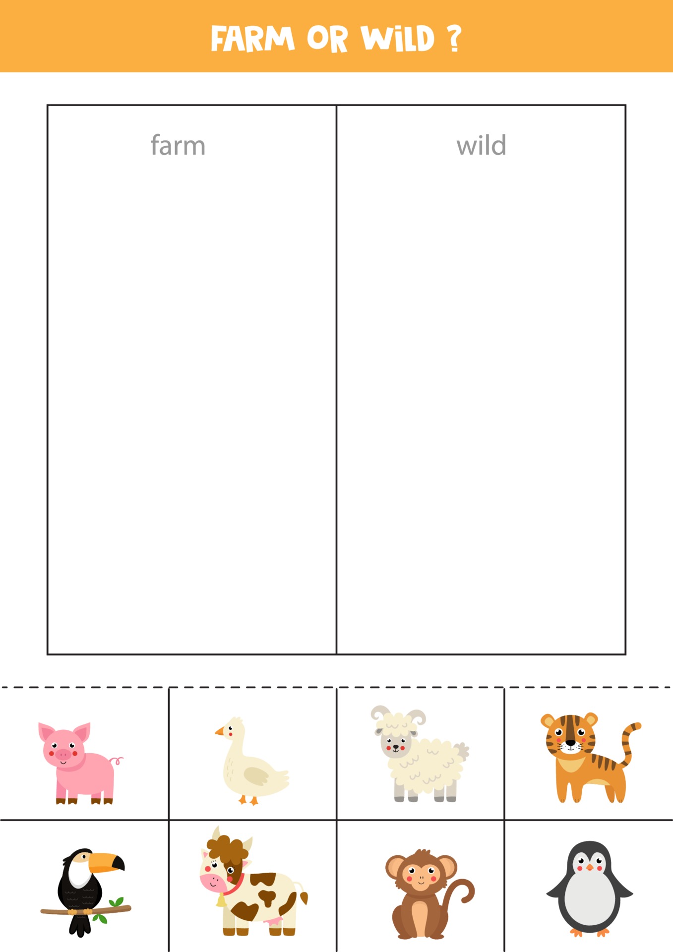 Sort cards into wild and farm animals. Logical game for children. 2103647  Vector Art at Vecteezy
