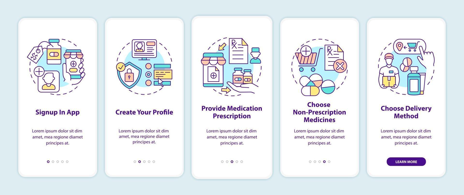 Online medication order steps onboarding mobile app page screen with concepts vector