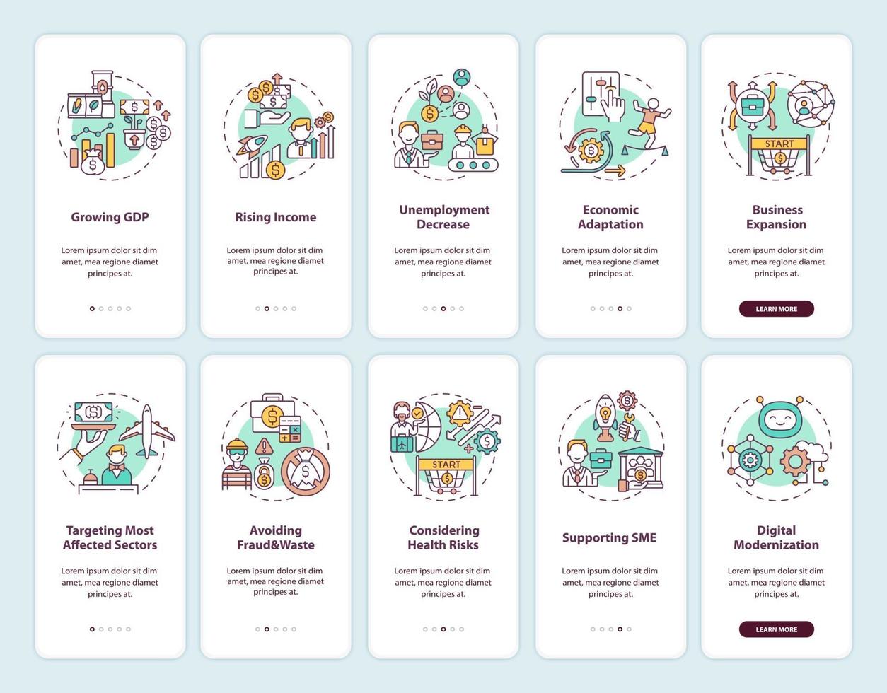 Economic recovery onboarding mobile app page screen with concepts set vector