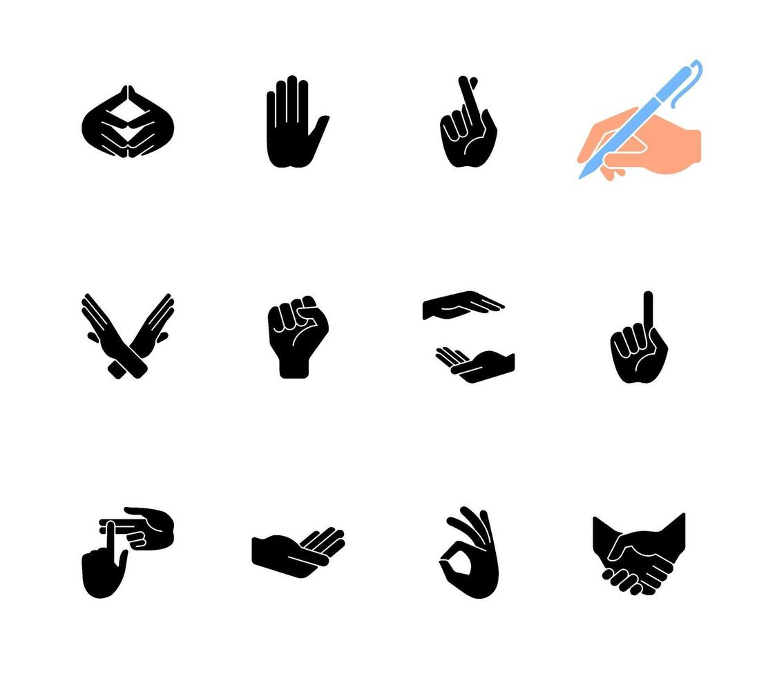 Hand gestures black glyph icons set on white space vector