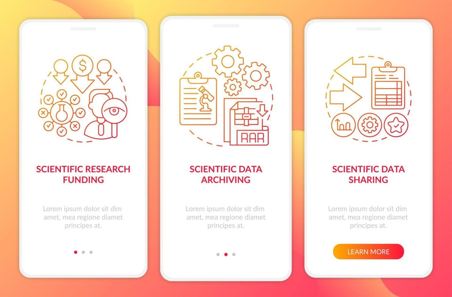 Scientific research components onboarding mobile app page screen with concepts vector