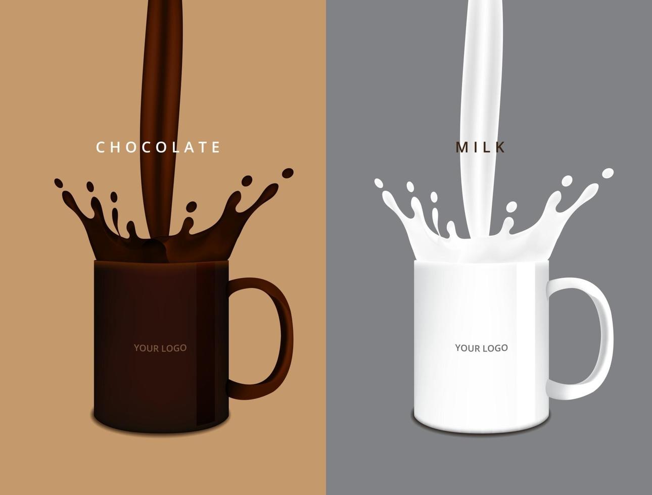 Salpicar chocolate y leche en la ilustración de vector de taza