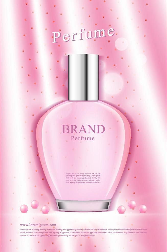 Elegante frasco de perfume para mujer con fondo de seda rosa. vector