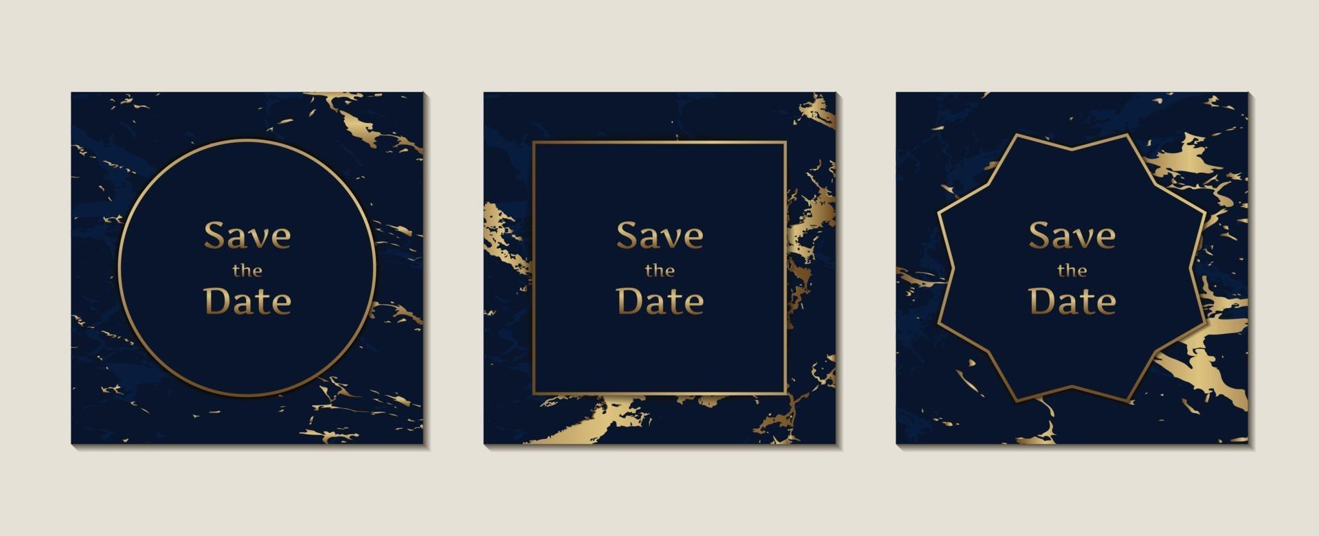 Dark blue marble pattern wedding invitation card in square shape with gold frame template vector