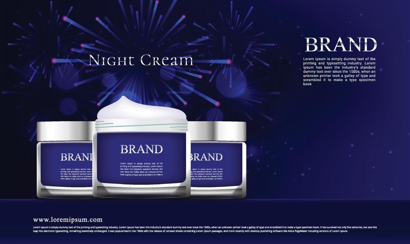 Night skin cream jar advertisement on fireworks background vector