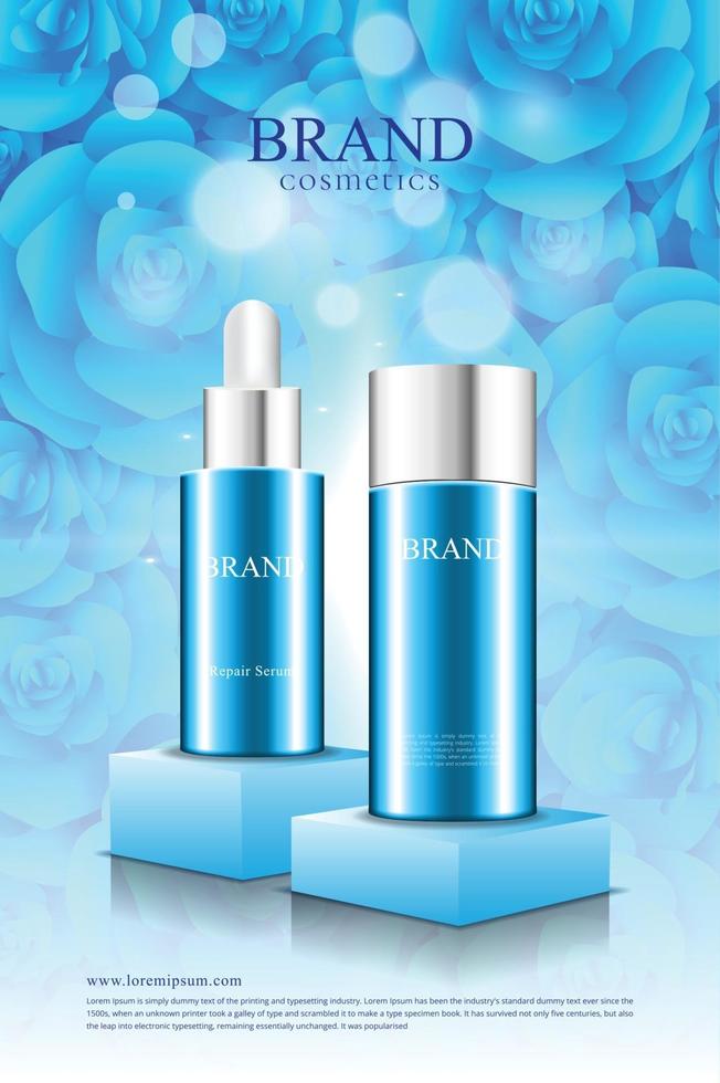 Cosmetic product poster on podium with beautiful blue rose background vector