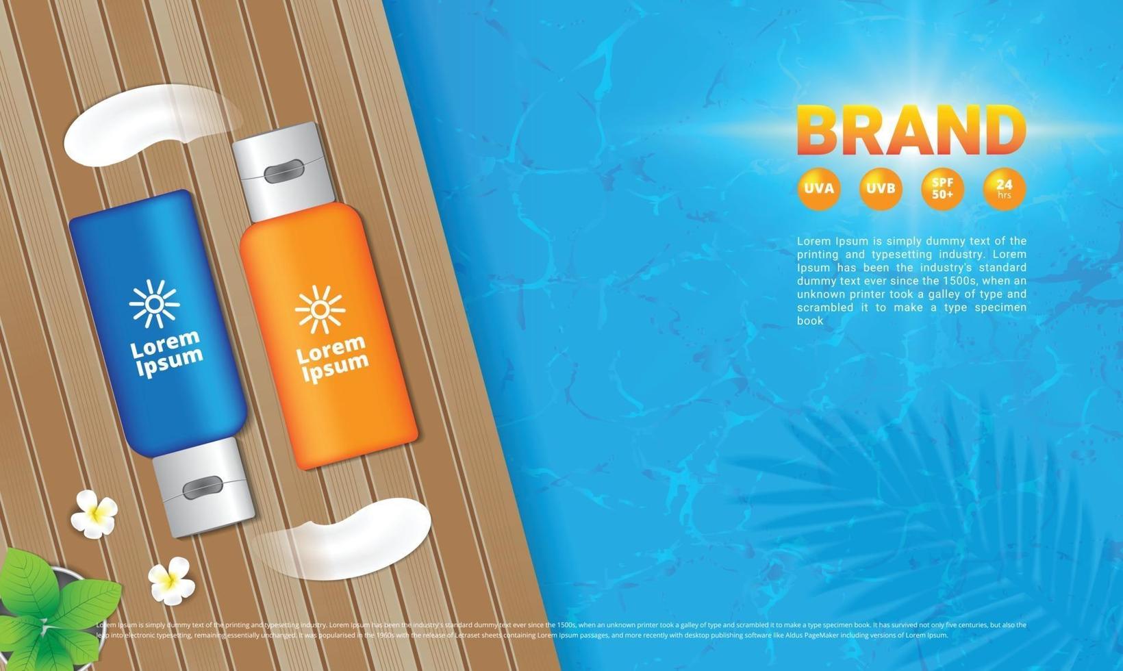 Sunscreen lotion on wood poolside with water and tropical leaf shadows vector