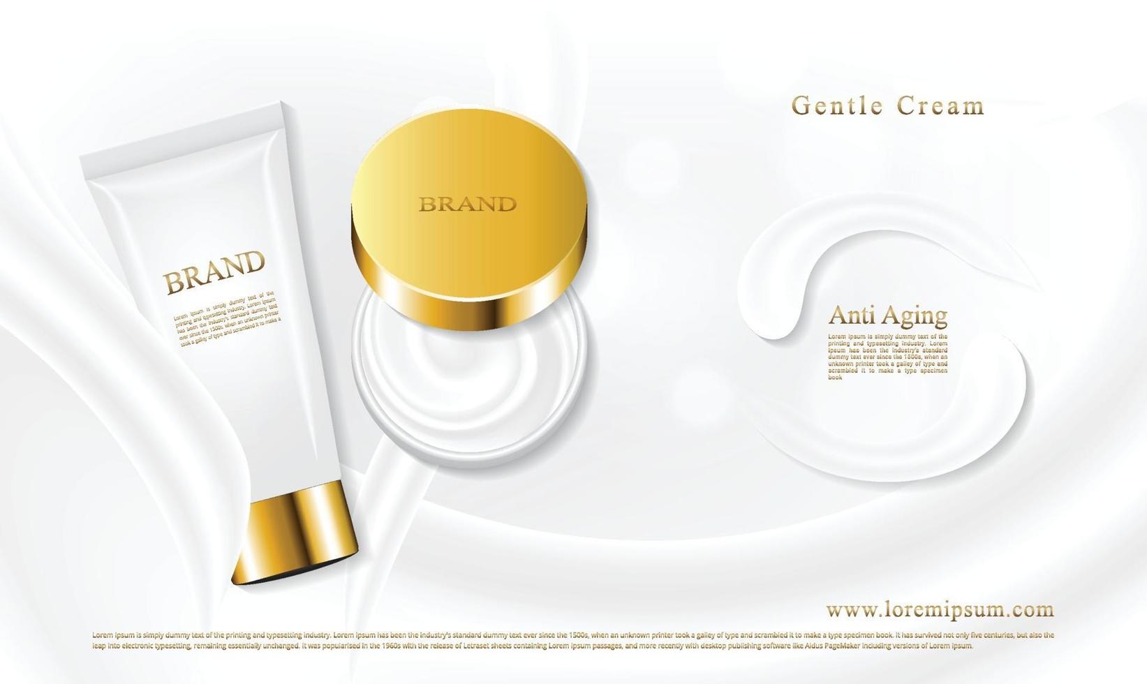 Skincare tubes and jars placed on a beautiful cream texture with a white background vector