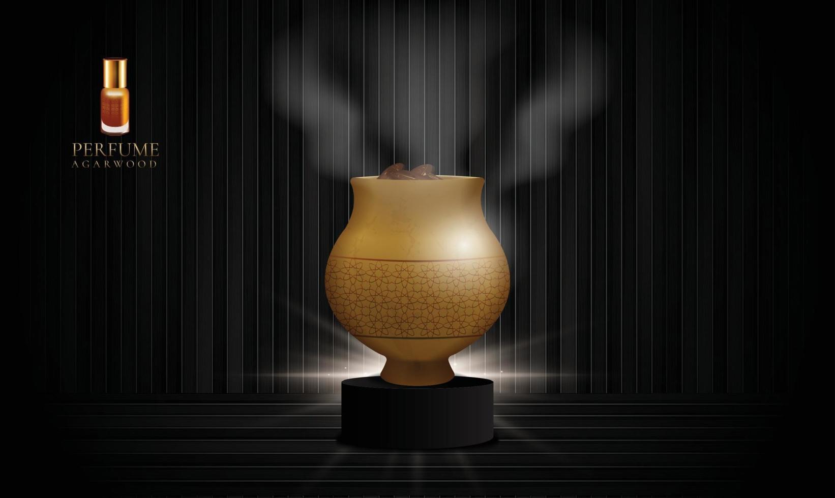 Agarwood jar on a black podium and smoke black wood backdrop with copy space vector