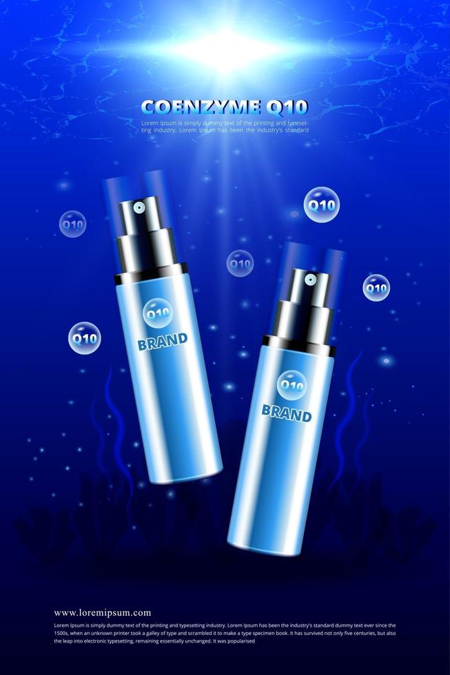 Cosmetic bottles under sea with bubbles vector