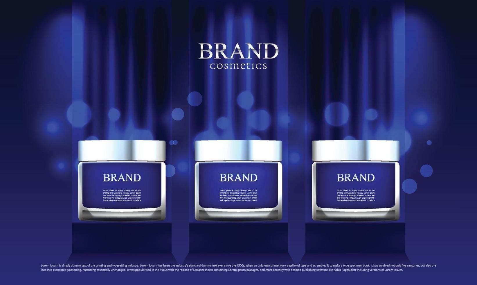 A cosmetic advertisement set on a stand and blue cloth as the main scene with lighting vector