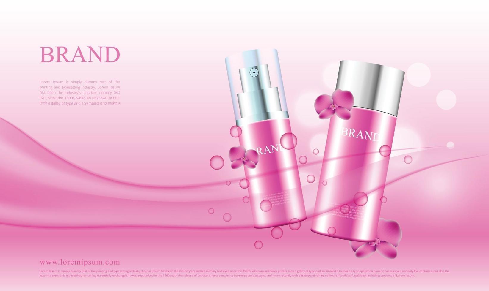 Advertising of cosmetic products with orchids and water flow vector illustration