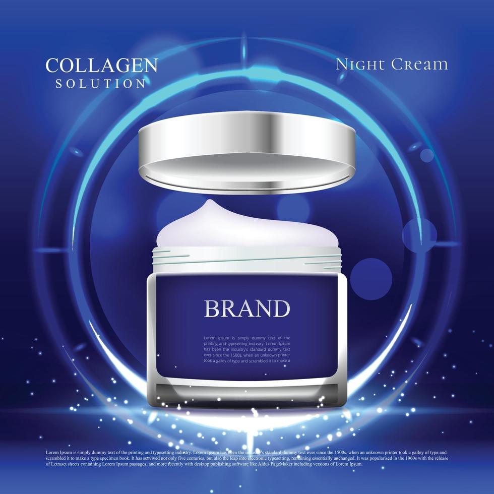 This moisturizer provides all day protection with blue background and lights vector