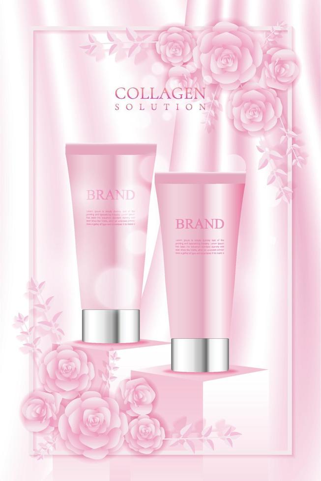 A cosmetic tube placed on a product display stand behind a pink silk cloth with a beautiful floral frame vector