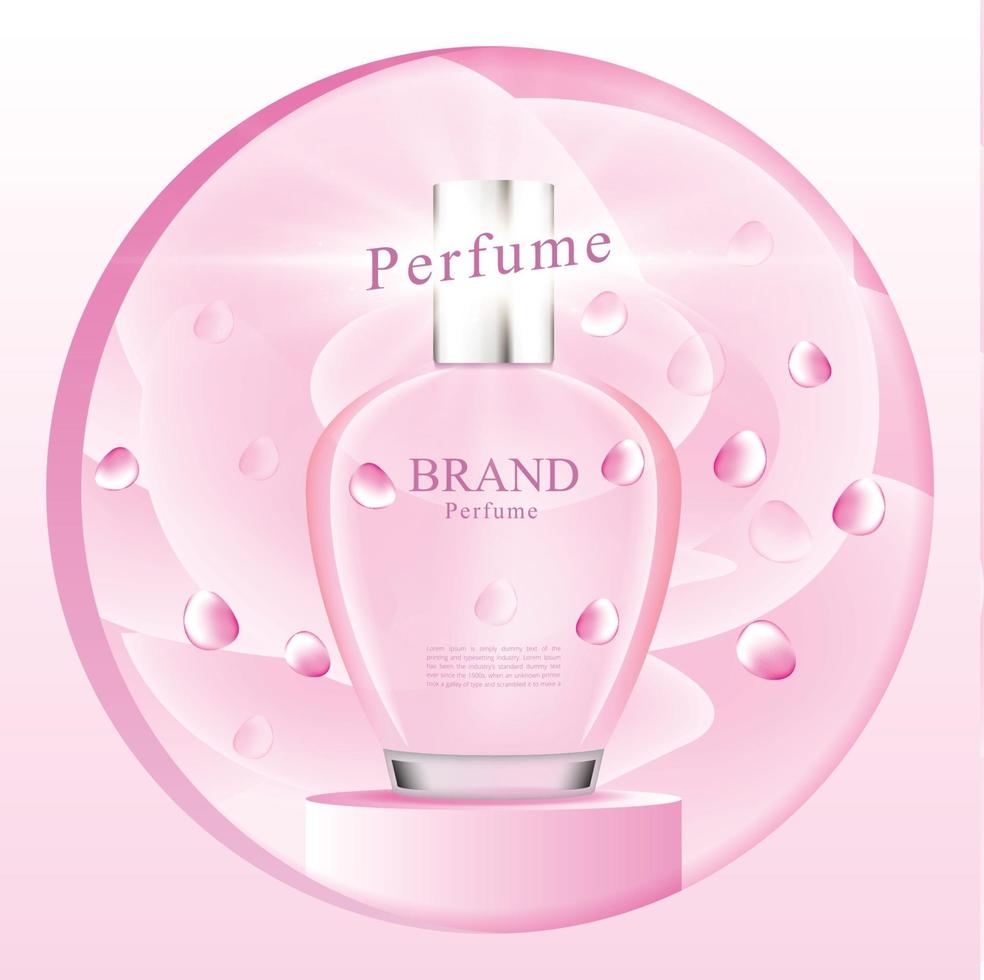 un ojo de buey circular con vistas a un soporte de botella de perfume rosa en la atmósfera de pétalos de rosa vector