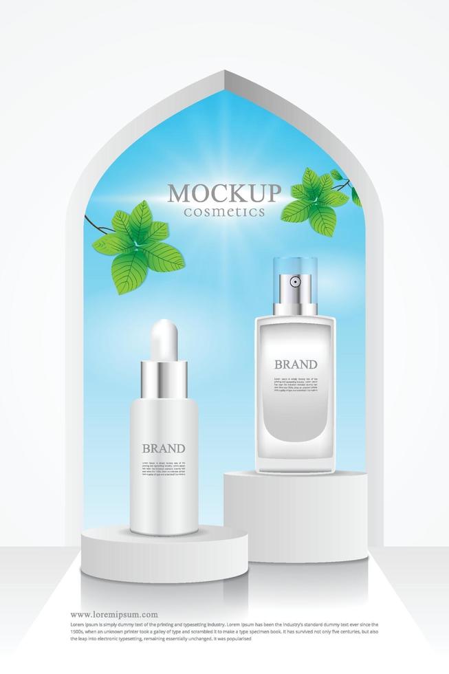 Cosmetic products stand on a backdrop of sky and leaves with 3D packaging vector