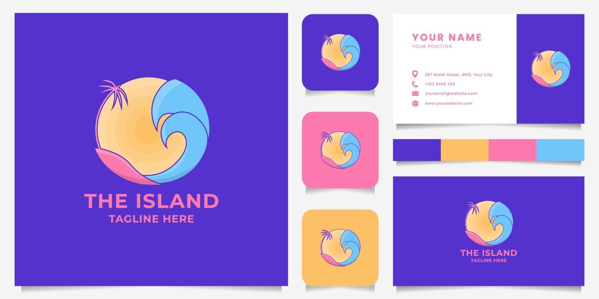 Colorful Island with Coconut Tree, Wave, and Sun Emblem Logo with Business Card Template vector
