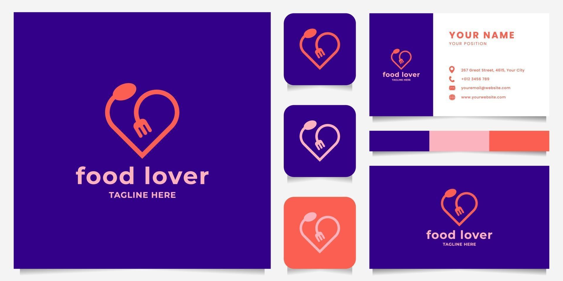 Cuchara y tenedor simples y minimalistas forman un logotipo de corazón con plantilla de tarjeta de visita vector