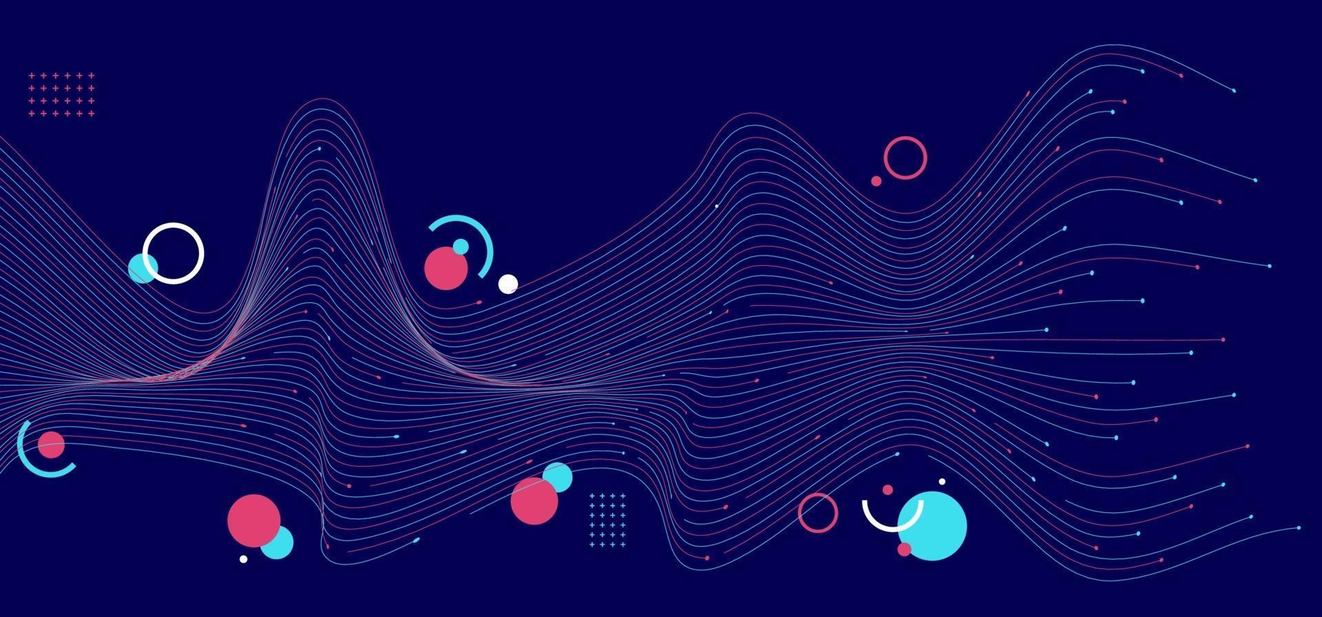 Abstract blue and pink wave lines with geometric on dark blue background vector