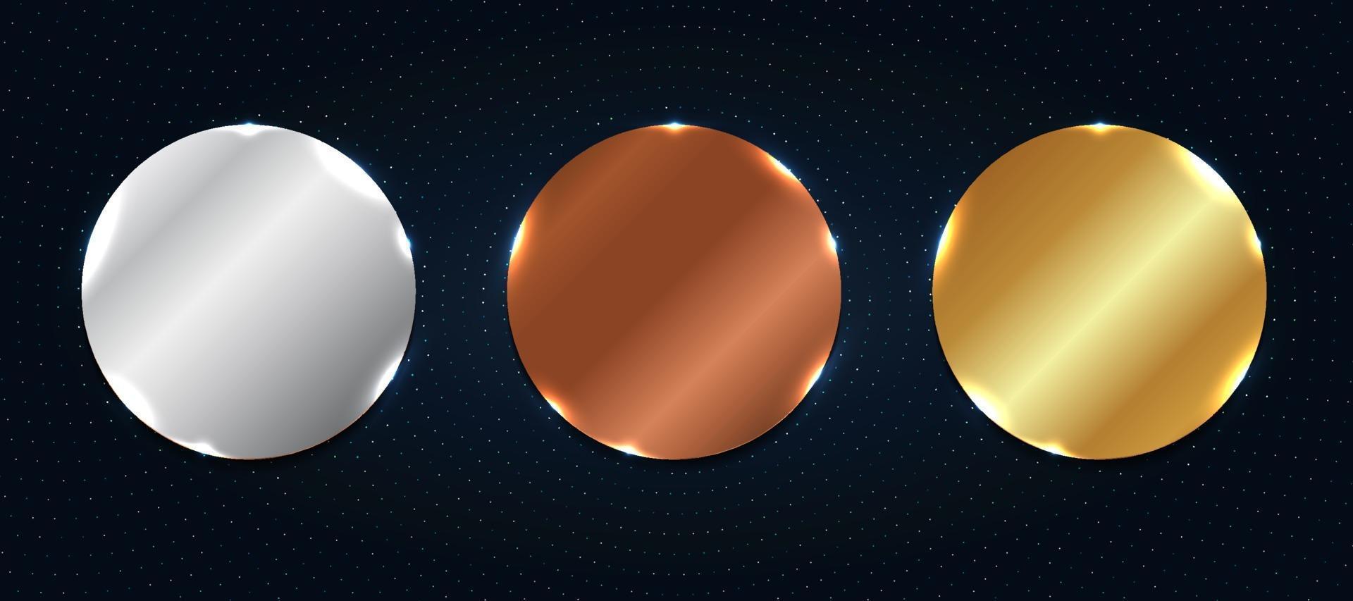 Set of abstract copper, silver, gold shiny metallic circle label or badges with particles elements on dark blue background vector