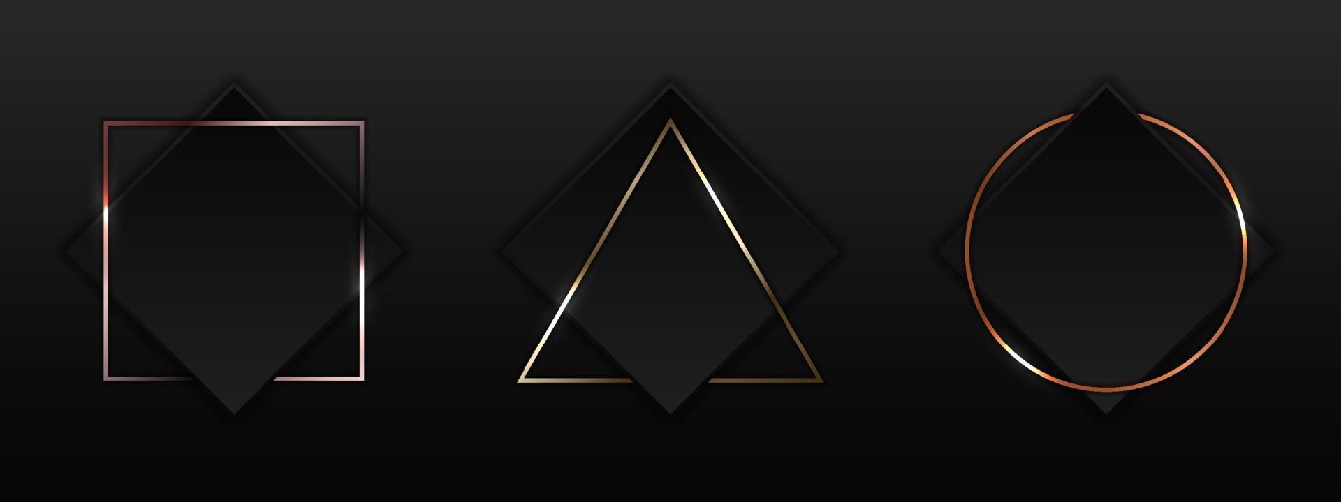 Set of black square with geometric border gold, pink gold, copper metallic frame badge on dark background luxury style vector